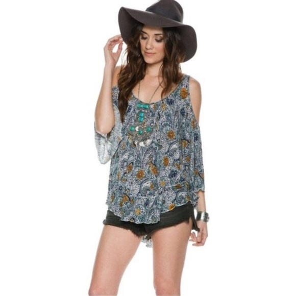 Free People Floral Paisley Cold Shoulder Blouse Top - Picture 7 of 14